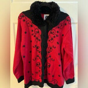 Storybook Knits Embroidered Beaded Red Black Cardigan Faux Fur Collar Sweater LG